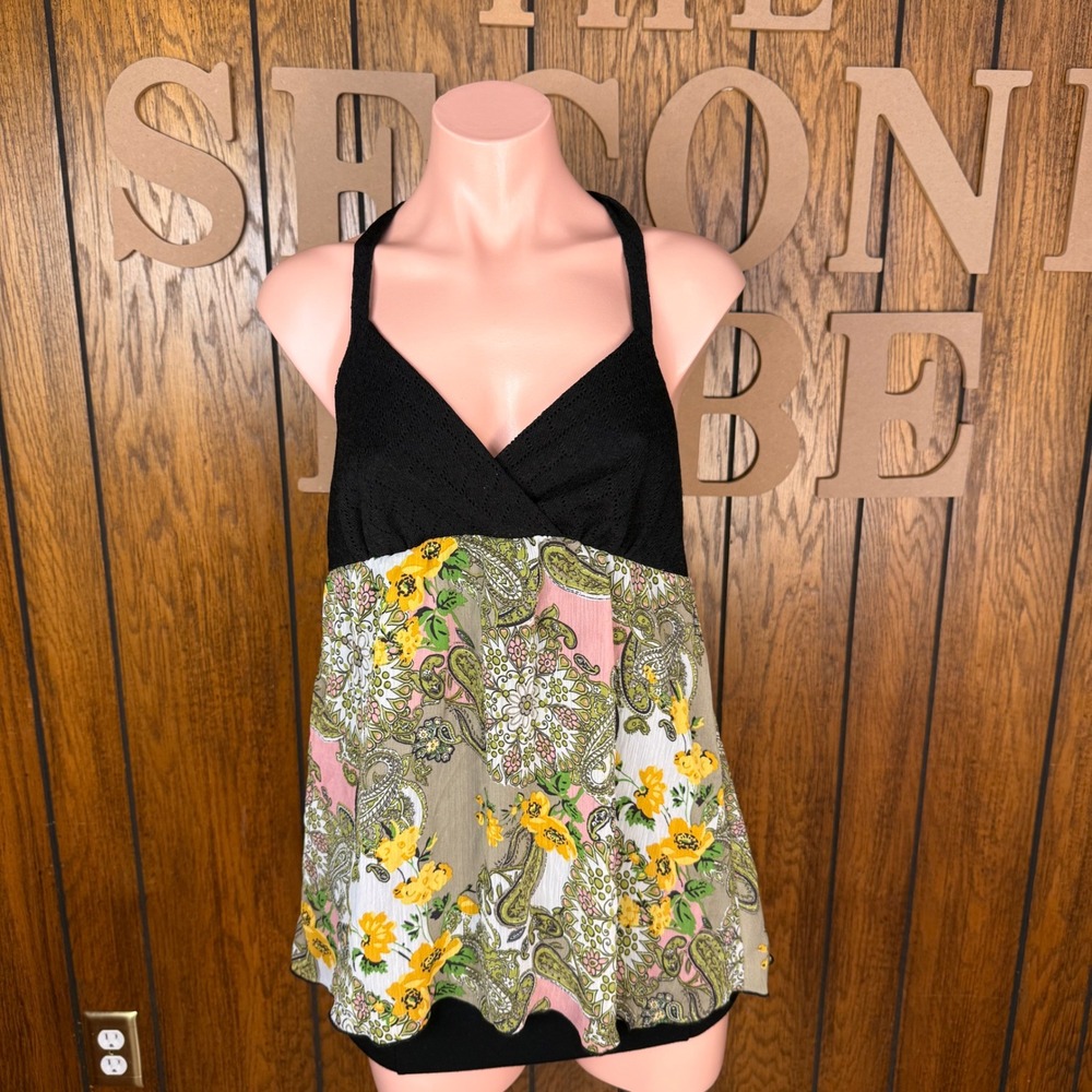 I.N. San Francisco Halter Top Womens M Black Paisley Floral Empire Waist Y2K
